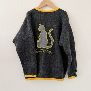 Vintage United Colors of Benetton Gray Yellow Cat Cardigan Sweater